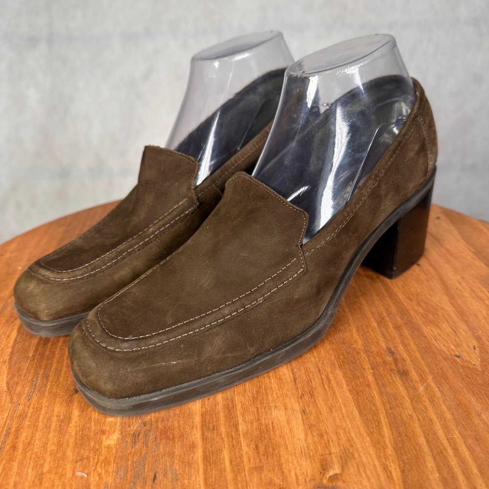 Hillard & Hanson Heeled Loafers Women 9M Brown Good Suede Square Toe Block Heel